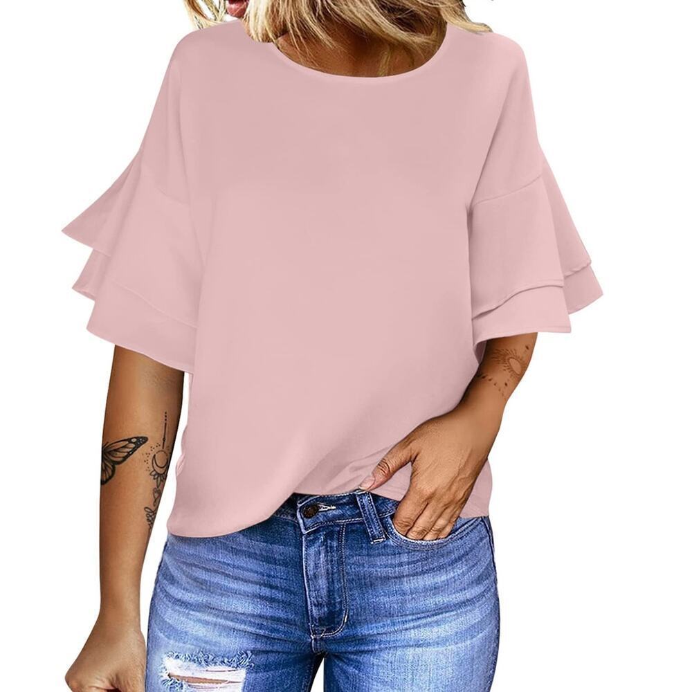 Zara Pink Pink Flounce Short Sleeve Loose Fit Blouse Women's Size L